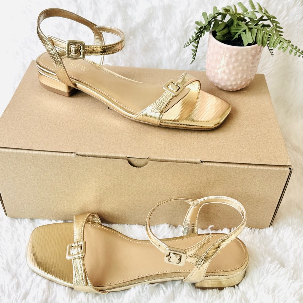 NIB J Crew Lizard Embossed Ankle Strap Sandals Gold 6 - Picture 2 of 14